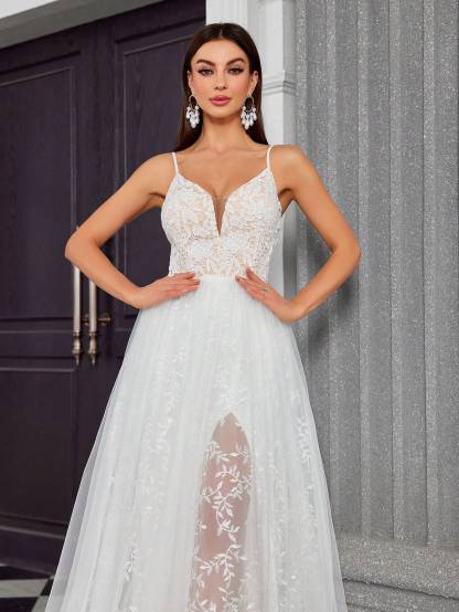 Leely Elegant Spaghetti Straps Sleeveless Lace Evening Gown