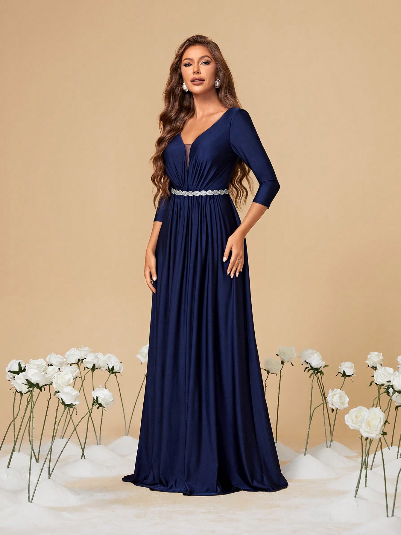 Leely Elegant V-Neck 3/4 Sleeve Maxi Bridesmaid Dress