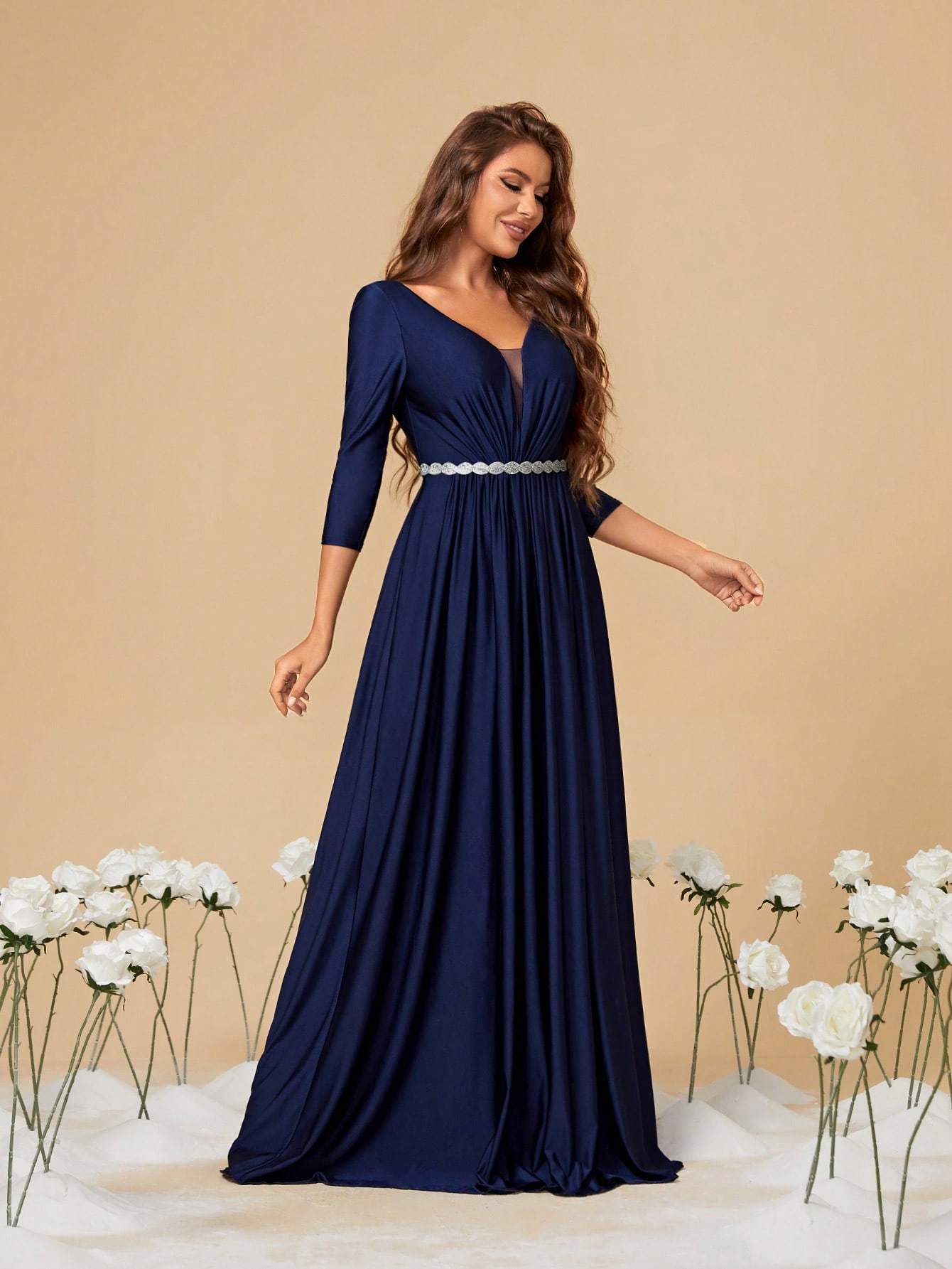 Leely Elegant V-Neck 3/4 Sleeve Maxi Bridesmaid Dress