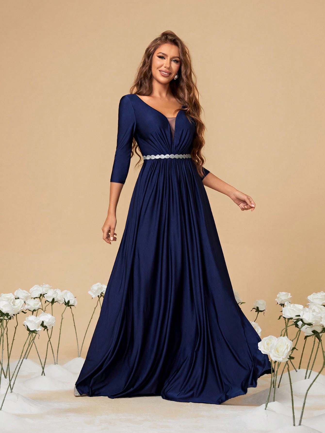 Leely Elegant V-Neck 3/4 Sleeve Maxi Bridesmaid Dress