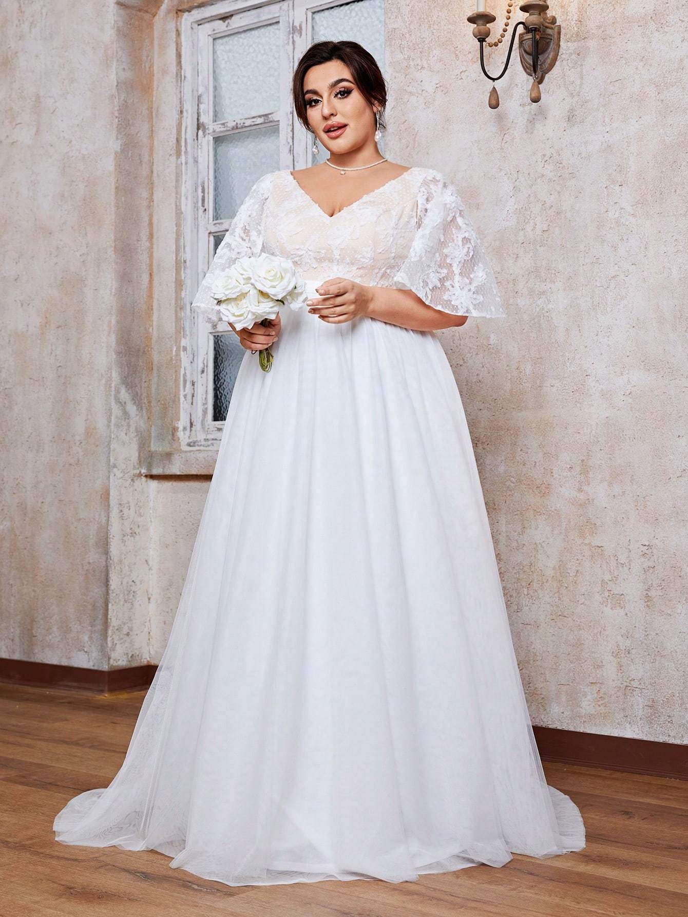 Leely Plus Women's V Neck Flounce Sleeve A‑Line Wedding Dress
