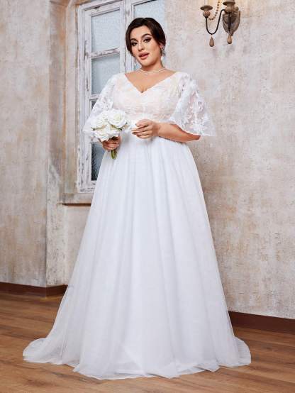 Leely Plus Women's V Neck Flounce Sleeve A‑Line Wedding Dress