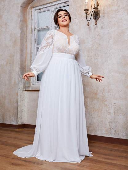 Leely Plus Women's V Neck Flare Sleeve A‑Line Wedding Dress