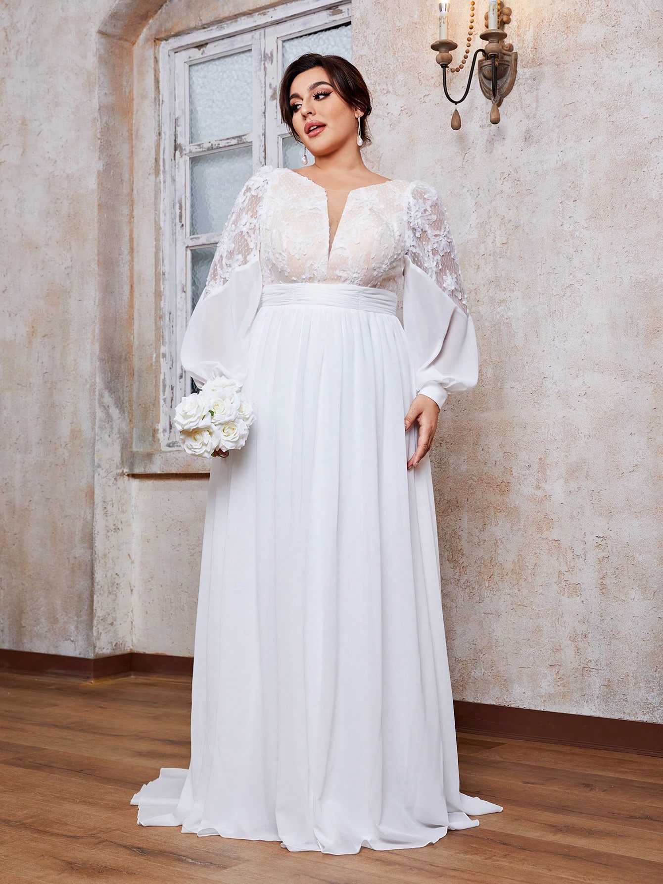 Leely Plus Women's V Neck Flare Sleeve A‑Line Wedding Dress