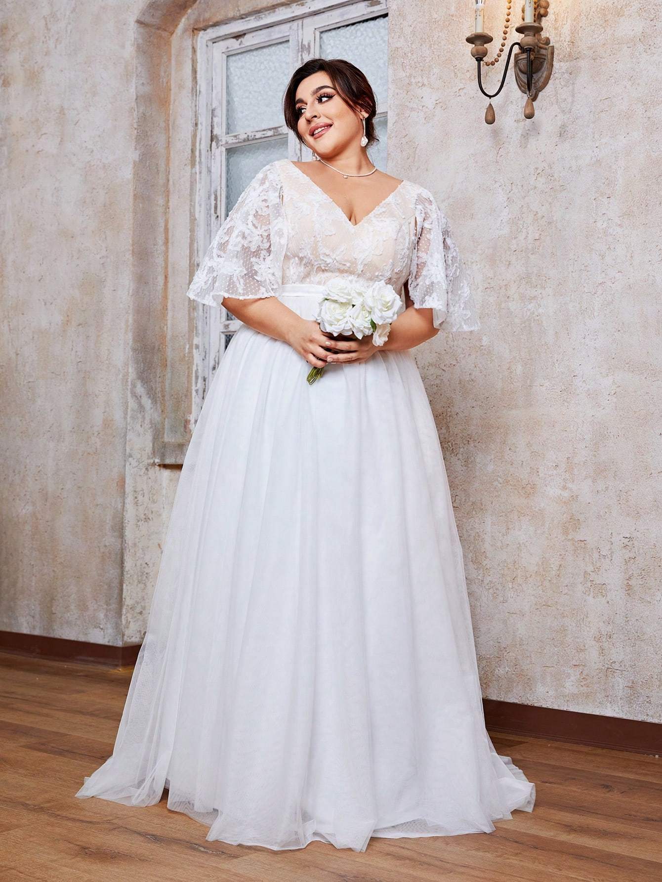 Leely Plus Women's V Neck Flounce Sleeve A‑Line Wedding Dress
