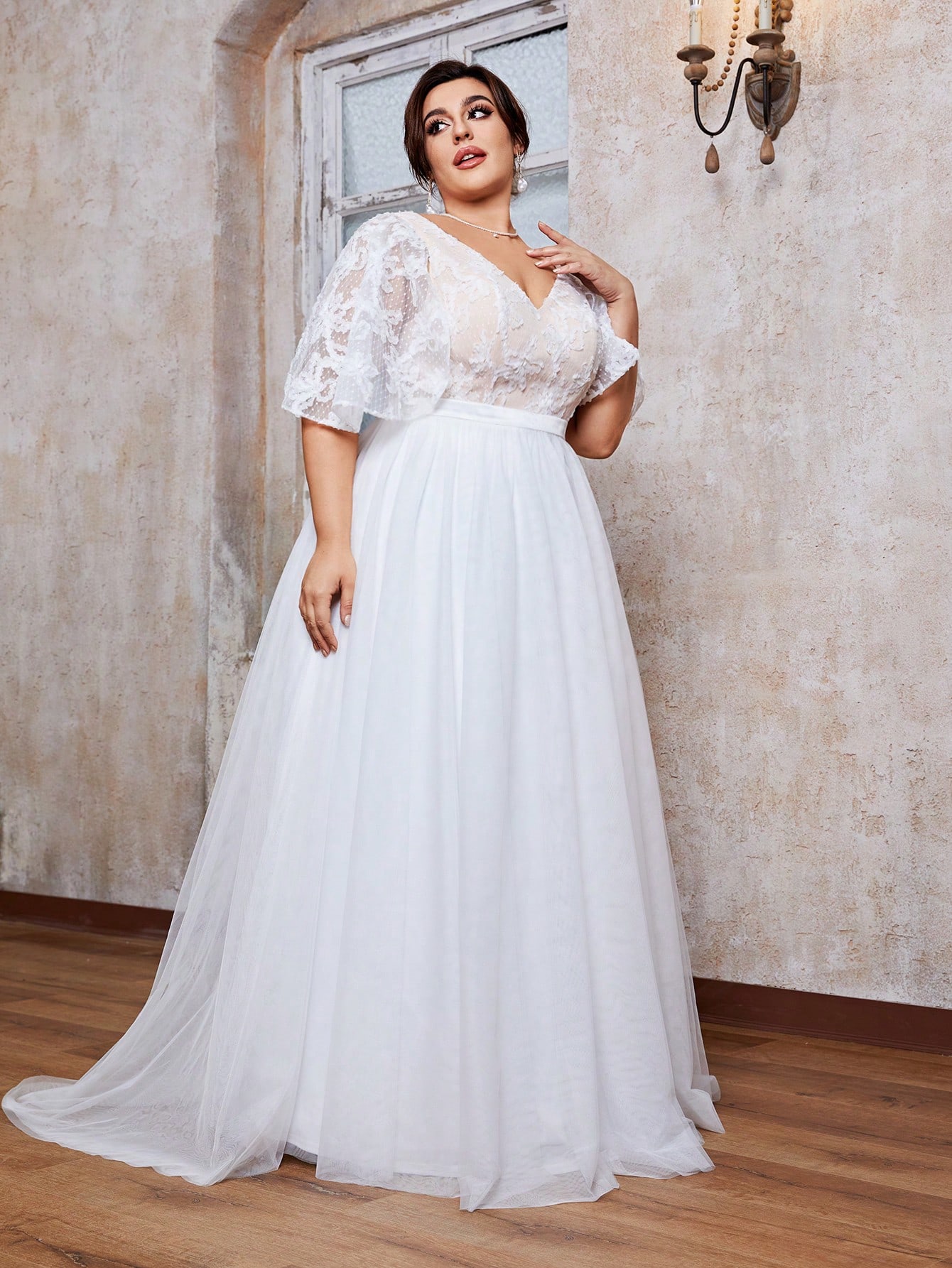 Leely Plus Women's V Neck Flounce Sleeve A‑Line Wedding Dress