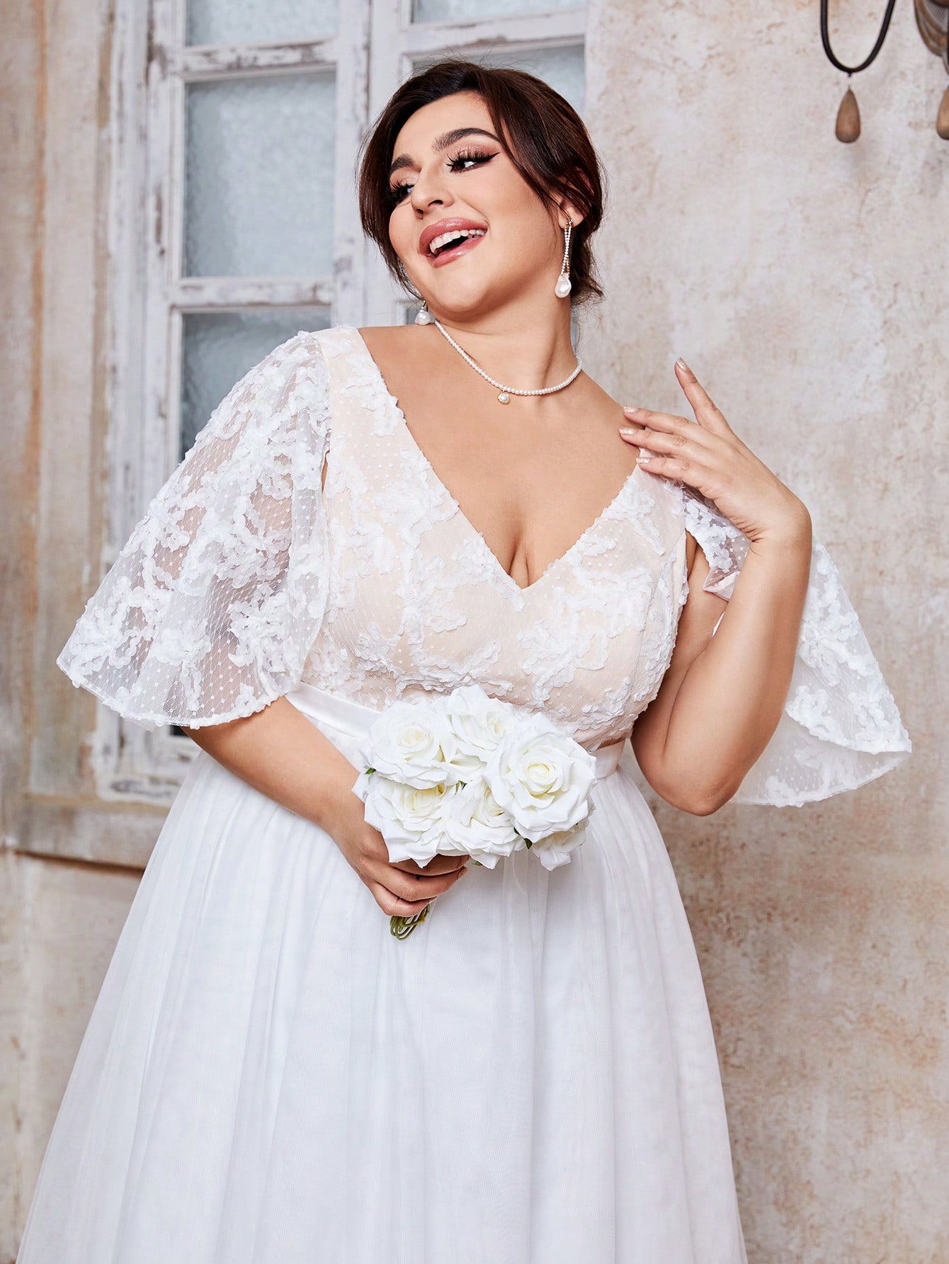 Leely Plus Women's V Neck Flounce Sleeve A‑Line Wedding Dress