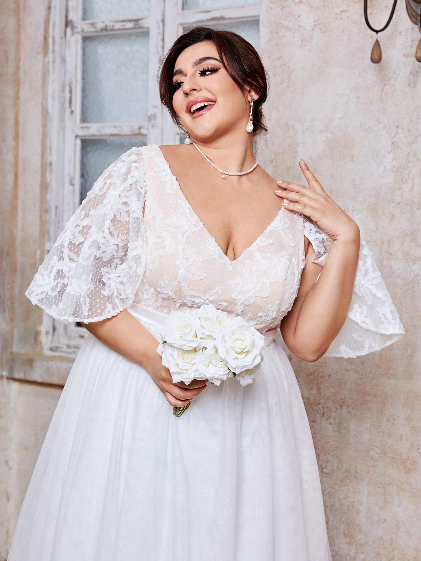 Leely Plus Women's V Neck Flounce Sleeve A‑Line Wedding Dress