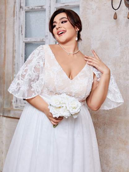 Leely Plus Women's V Neck Flounce Sleeve A‑Line Wedding Dress