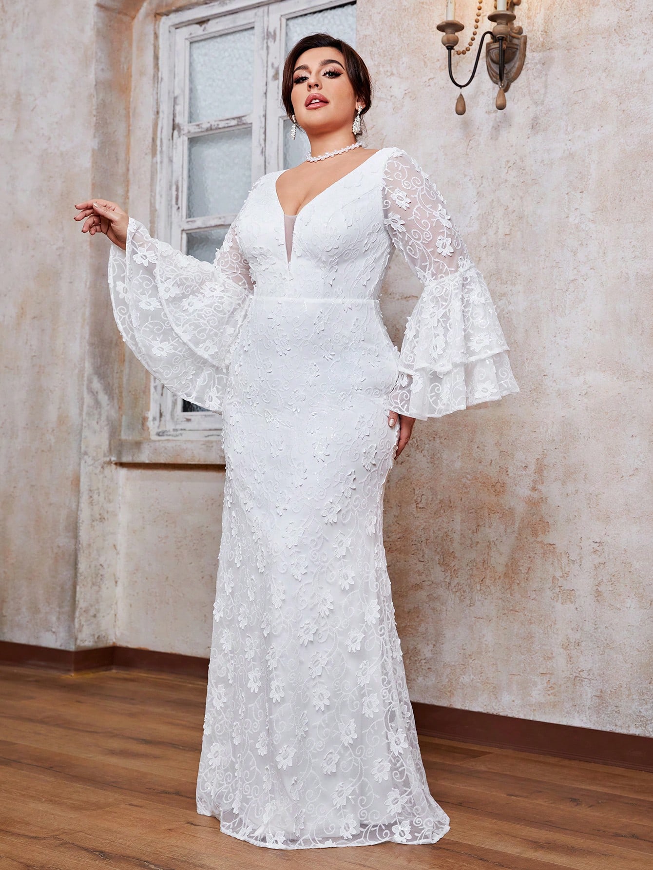 Leely Women's Elegant Sweetheart Cloak Sleeve Lace A-Line Dress