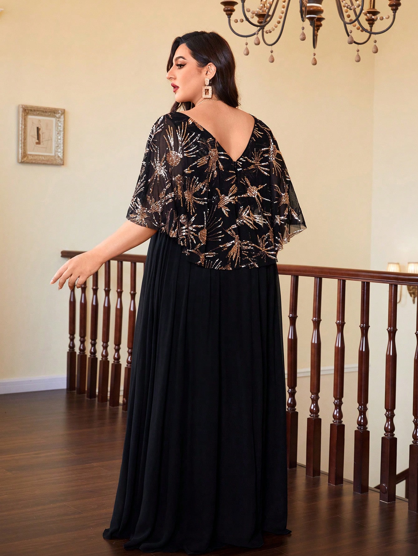 Leely Plus Women's Elegant Round Neck Cloak Sleeve Chiffon Party Dress