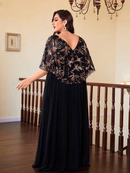 Leely Plus Women's Elegant Round Neck Cloak Sleeve Chiffon Party Dress