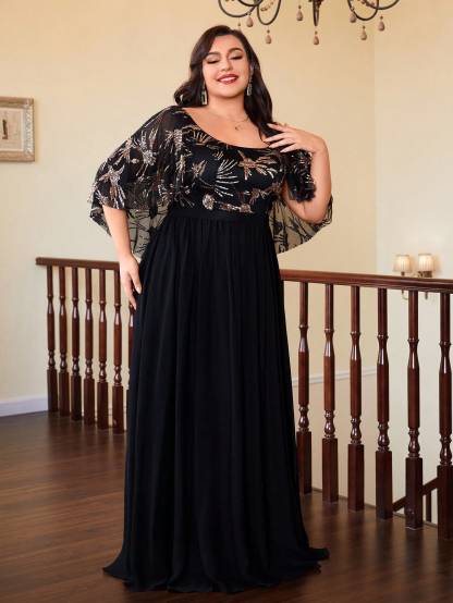 Leely Plus Women's Elegant Round Neck Cloak Sleeve Chiffon Party Dress