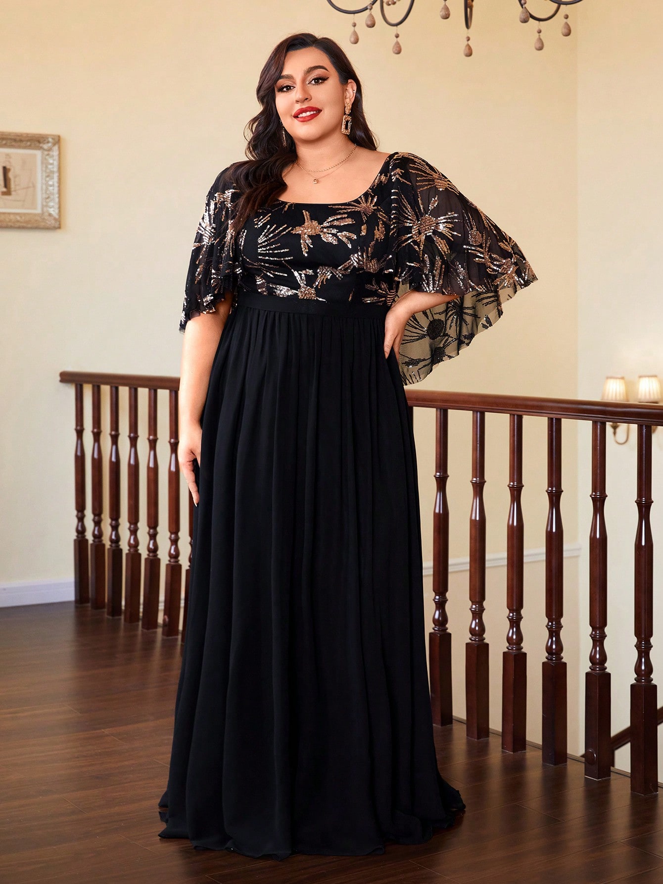 Leely Plus Women's Elegant Round Neck Cloak Sleeve Chiffon Party Dress