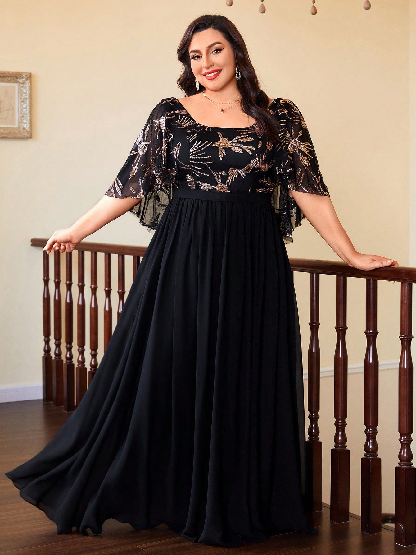 Leely Plus Women's Elegant Round Neck Cloak Sleeve Chiffon Party Dress