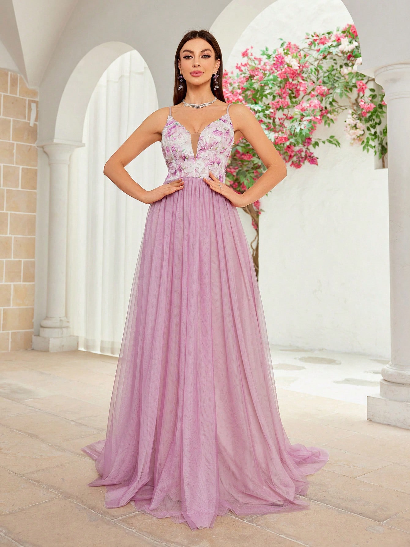Leely Spaghetti Strap A-Line Tulle Prom Dress with Floral Bodice