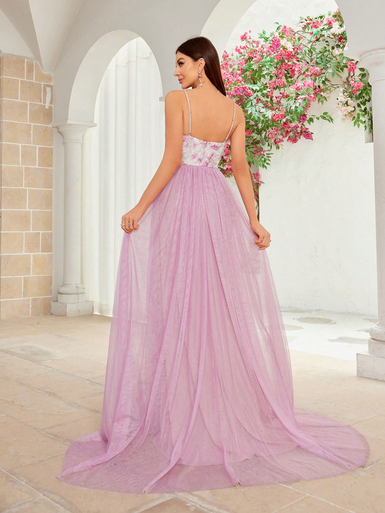 Leely Spaghetti Strap A-Line Tulle Prom Dress with Floral Bodice
