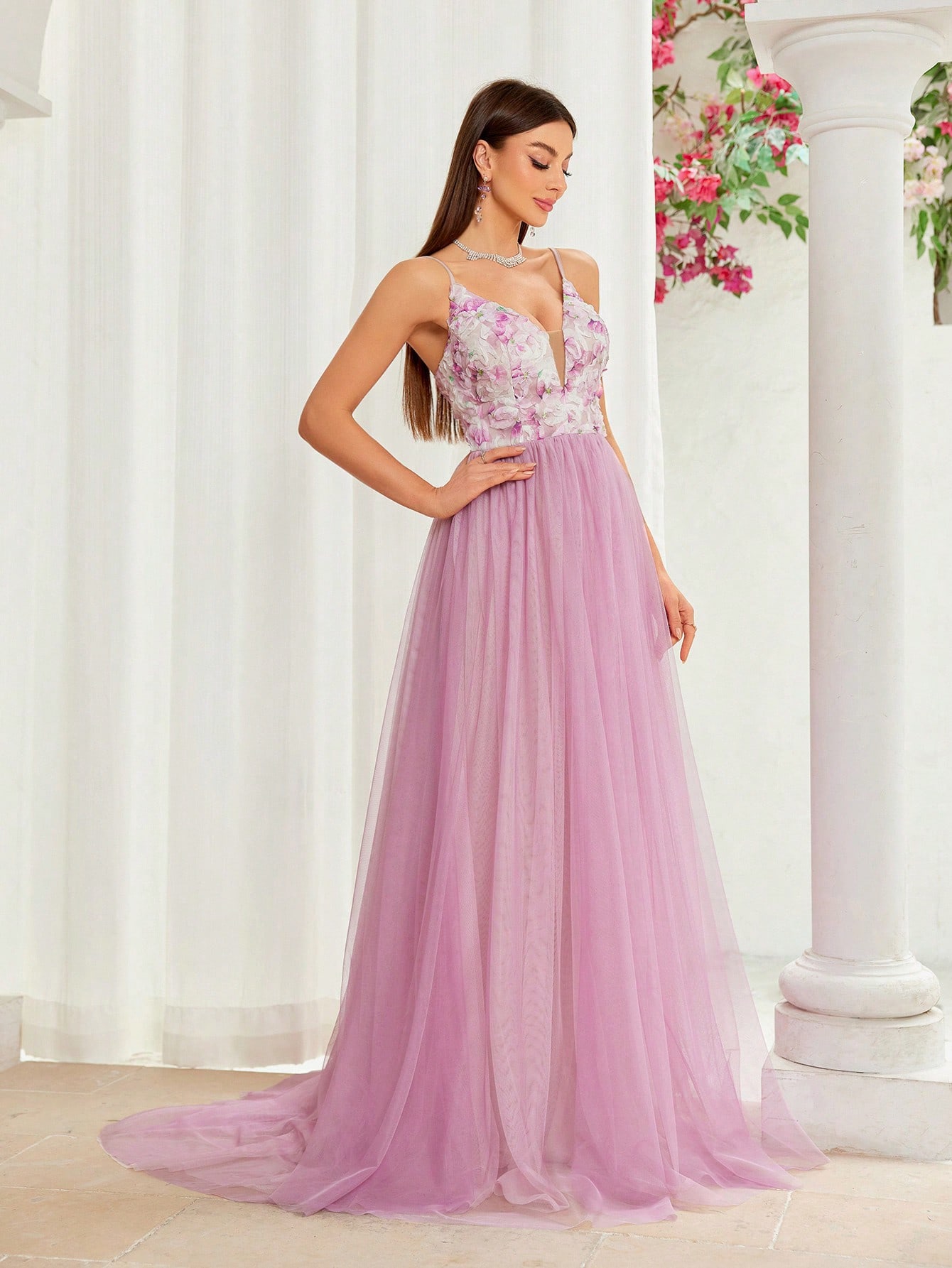 Leely Spaghetti Strap A-Line Tulle Prom Dress with Floral Bodice