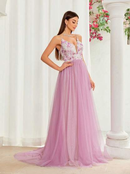 Leely Spaghetti Strap A-Line Tulle Prom Dress with Floral Bodice