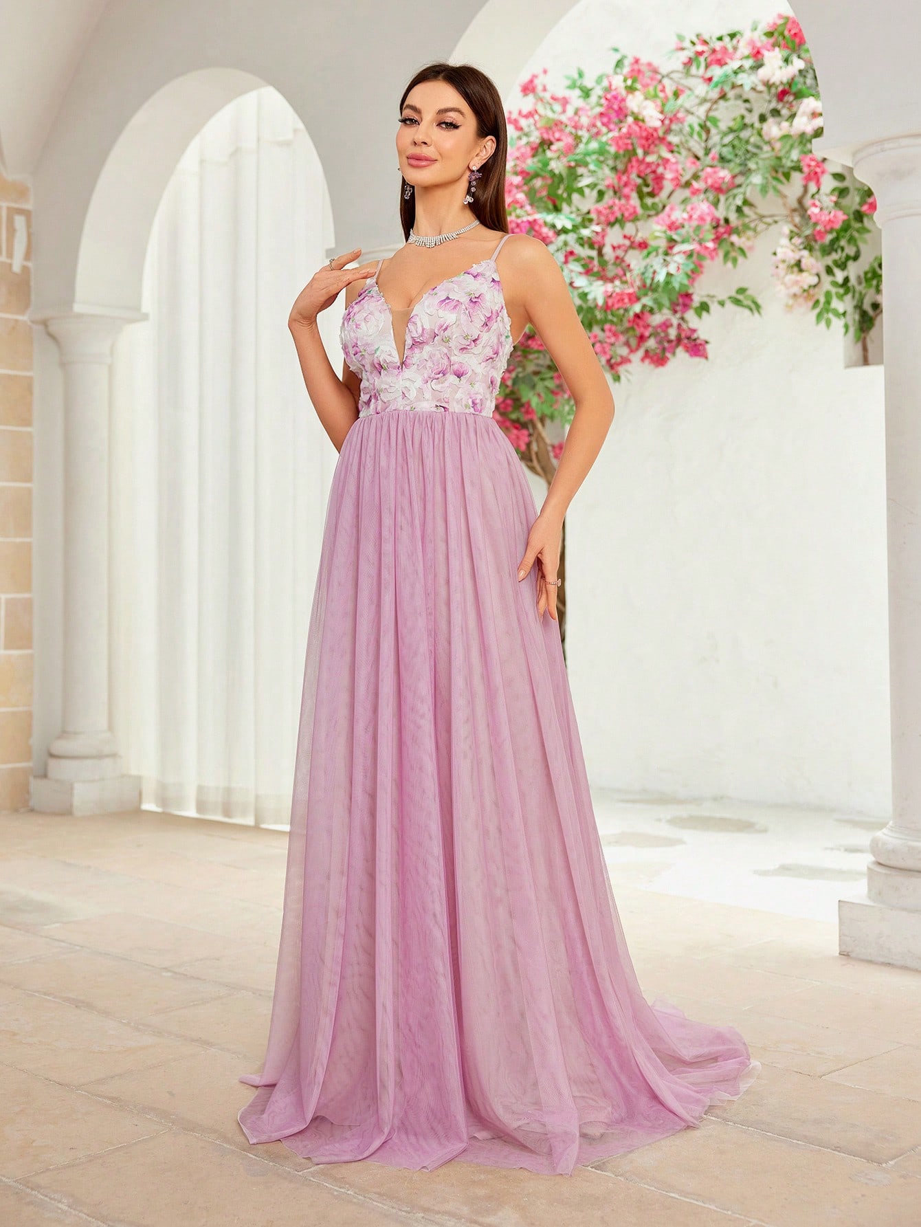 Leely Spaghetti Strap A-Line Tulle Prom Dress with Floral Bodice