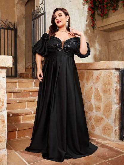 Leely Plus Women's Off The Shoulder Short Sleeve A‑Line Party Dress