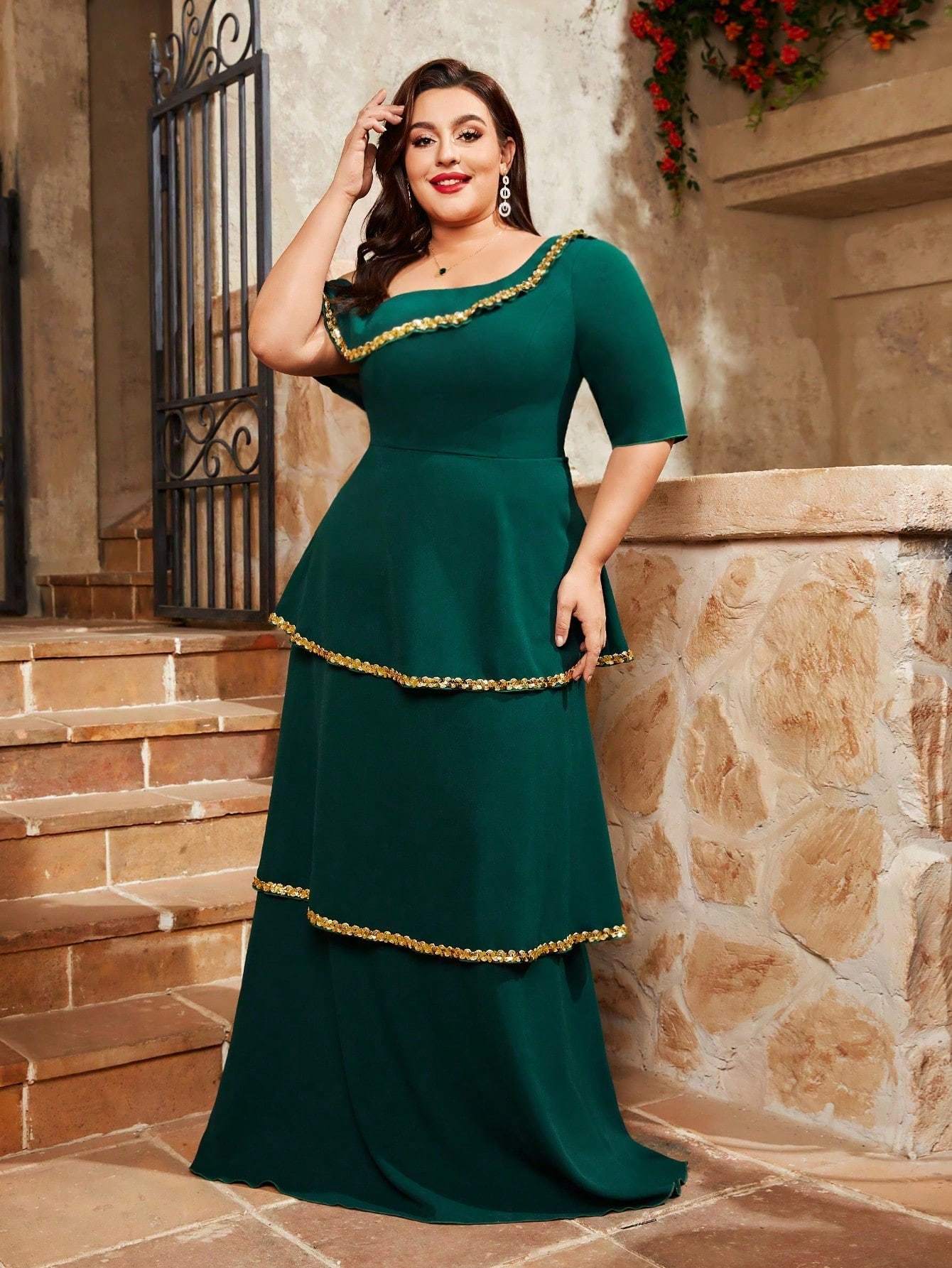 Leely Plus Women's Dark Green One‑Shoulder Short Sleeve A‑Line Party Dress