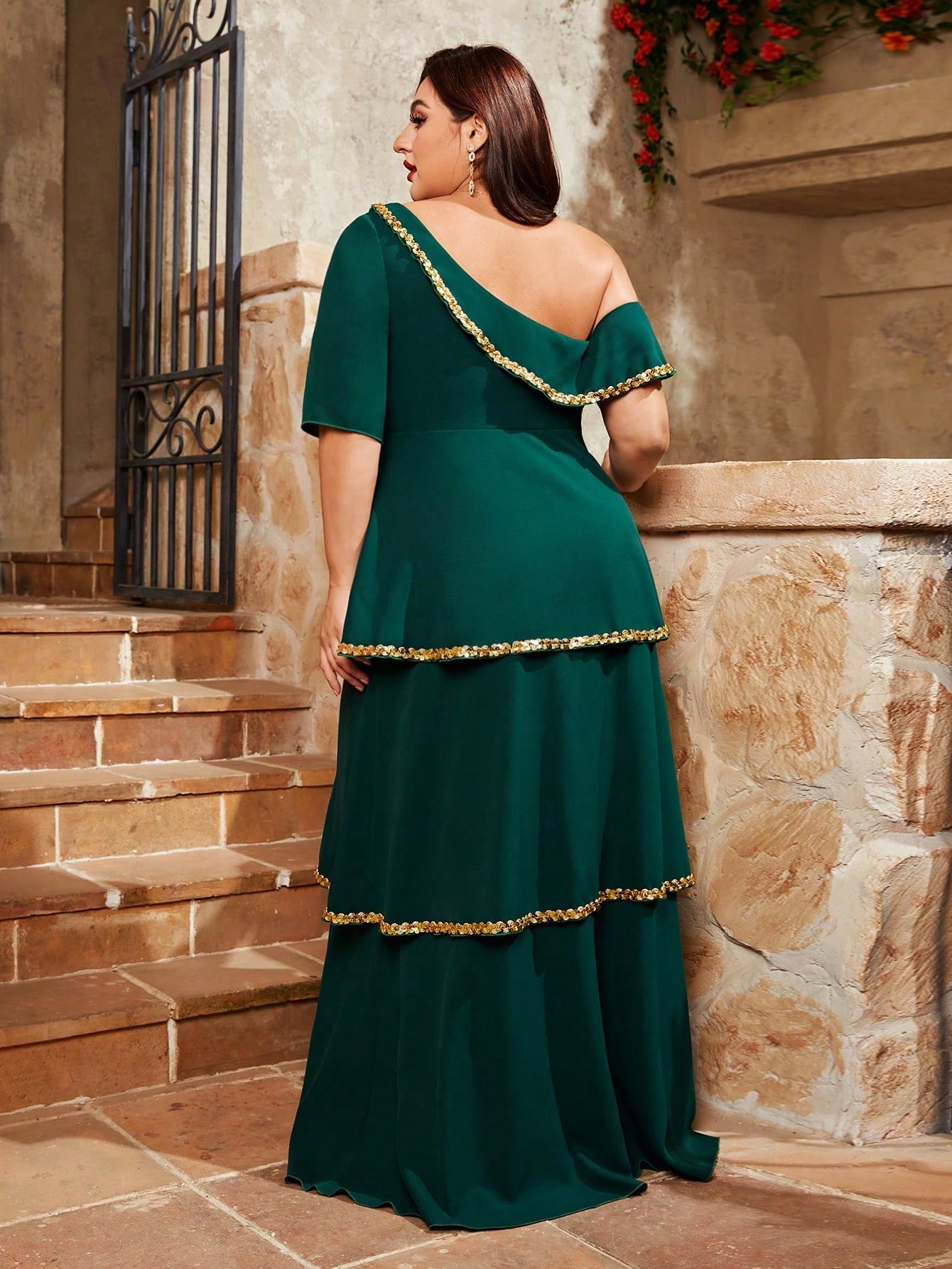 Leely Plus Women's Dark Green One‑Shoulder Short Sleeve A‑Line Party Dress