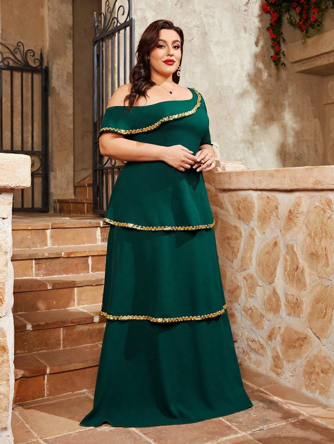 Leely Plus Women's Dark Green One‑Shoulder Short Sleeve A‑Line Party Dress
