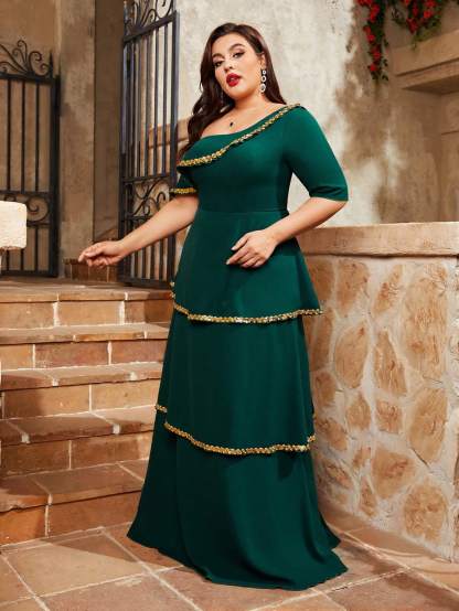 Leely Plus Women's Dark Green One‑Shoulder Short Sleeve A‑Line Party Dress
