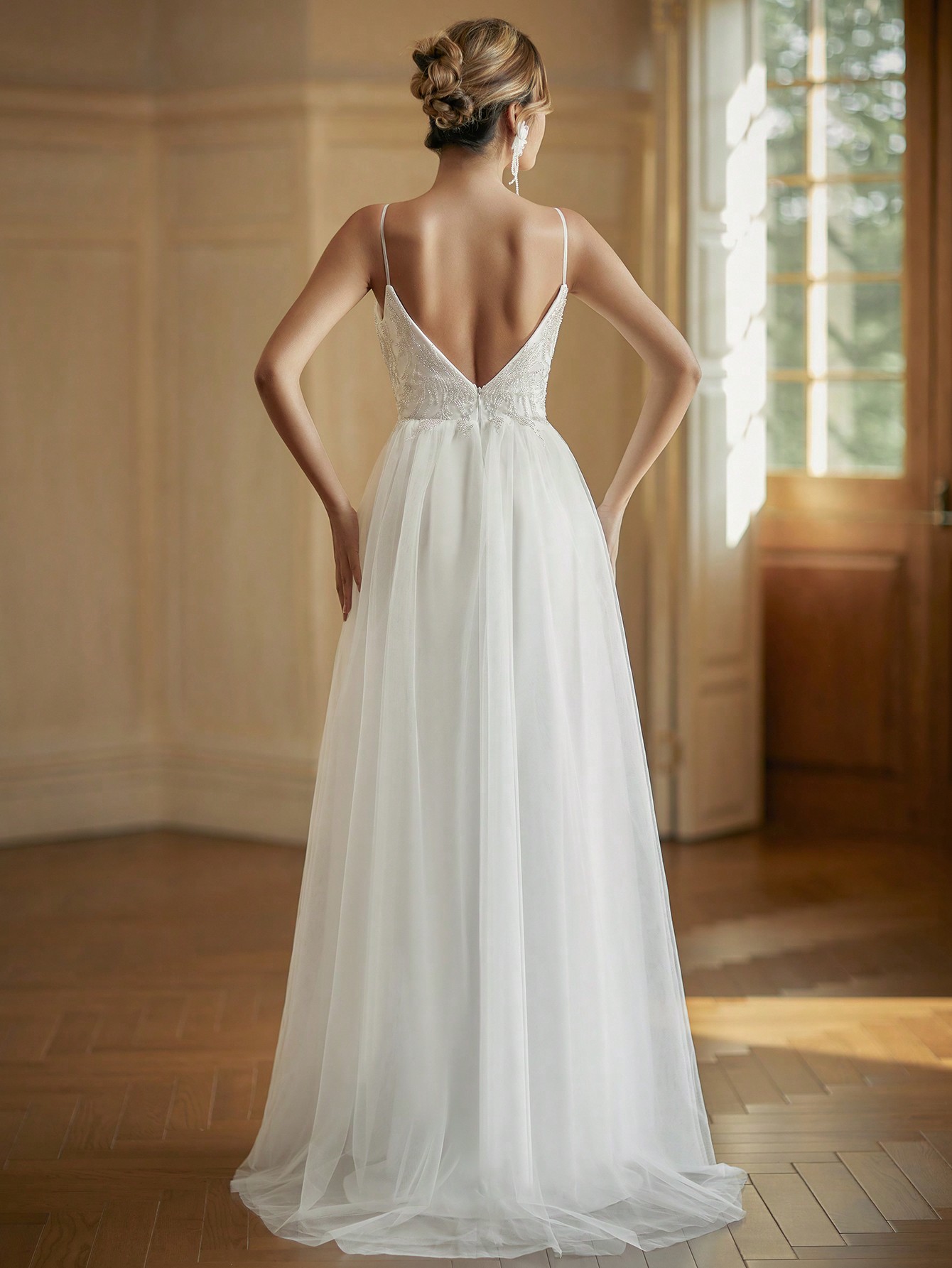 Modecrush Elegant Beaded V Neck Spaghetti Strap Mesh Wedding Dress for Prom, Party, Bridesmaids, White Graduation Dress