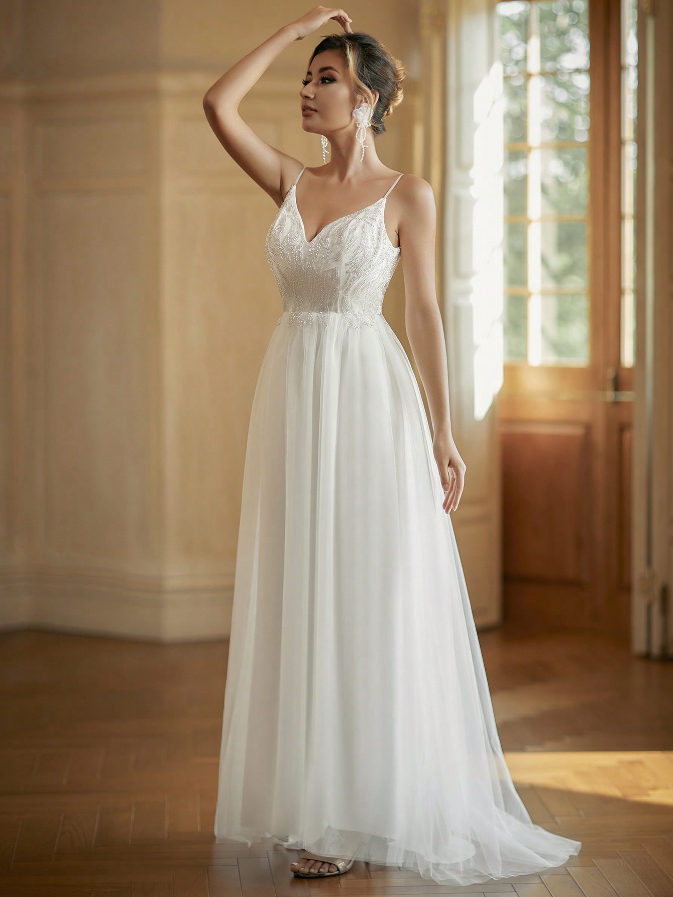 Modecrush Elegant Beaded V Neck Spaghetti Strap Mesh Wedding Dress for Prom, Party, Bridesmaids, White Graduation Dress