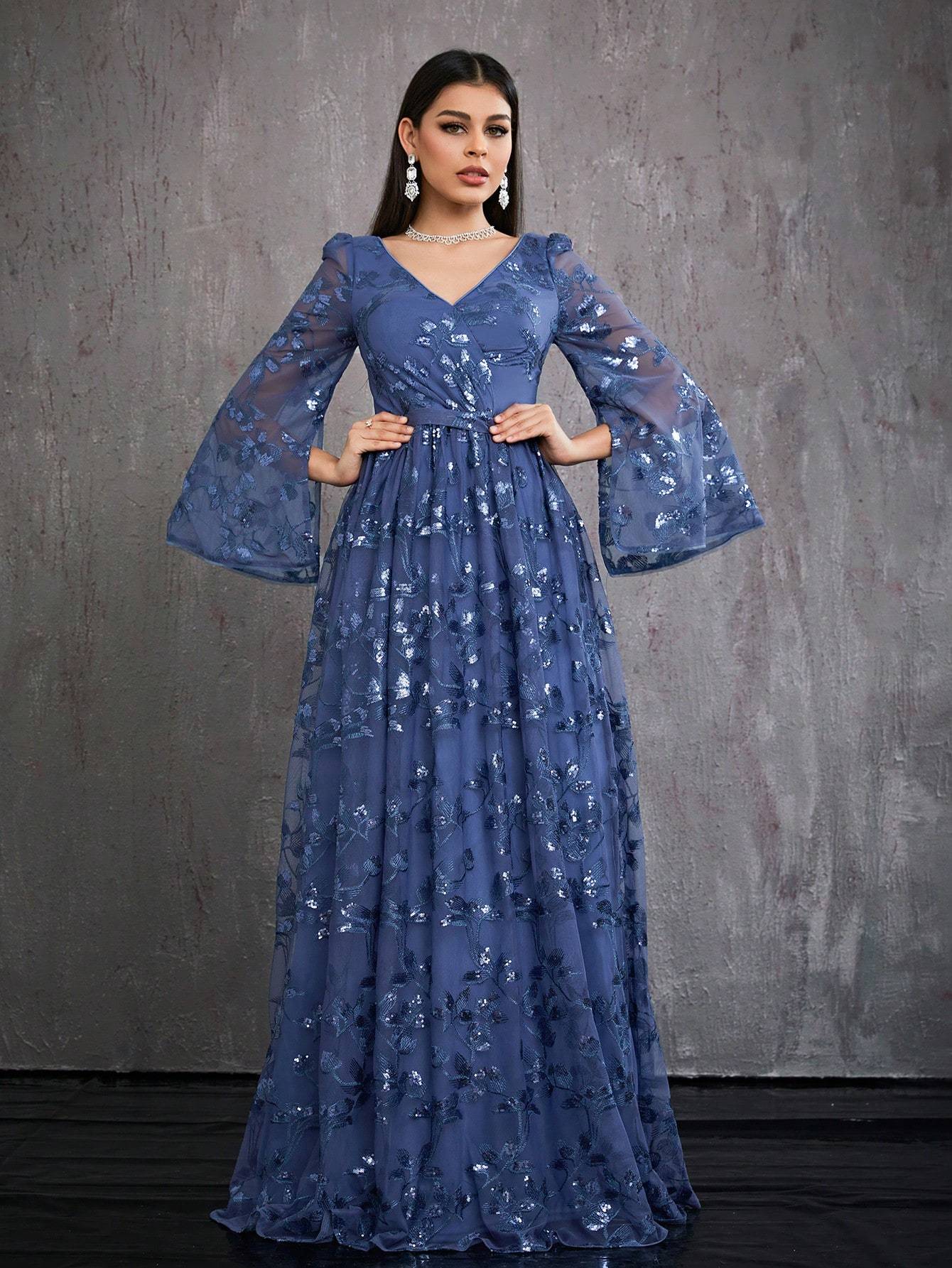 Leely Women's Elegant V Neck Split Sleeve Prom Dress