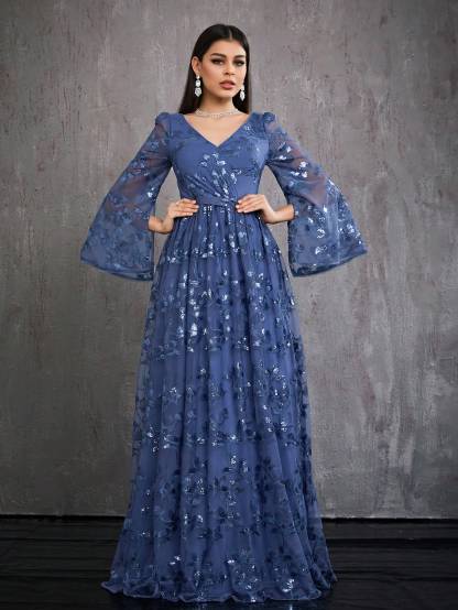 Leely Women's Elegant V Neck Split Sleeve Prom Dress