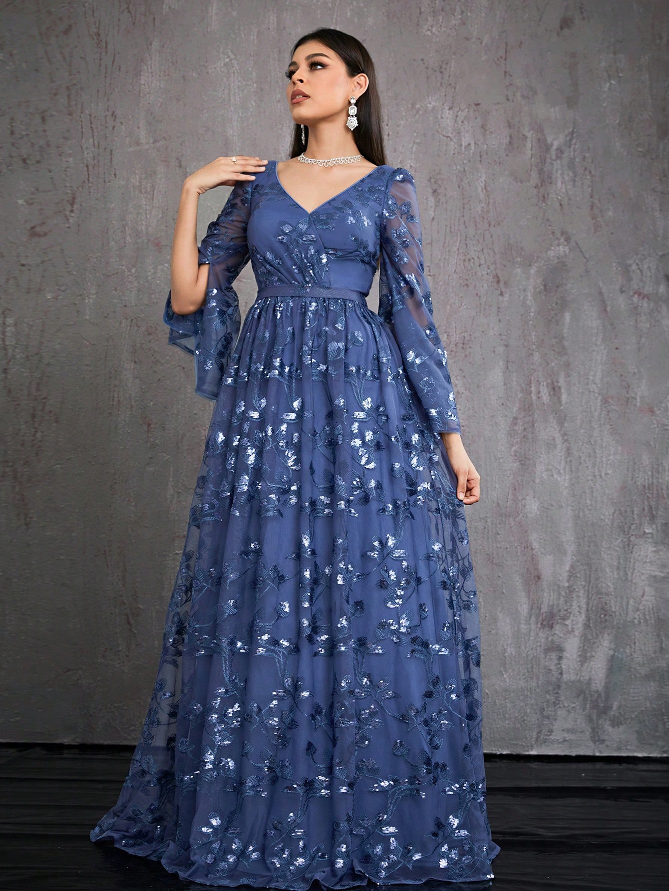 Leely Women's Elegant V Neck Split Sleeve Prom Dress