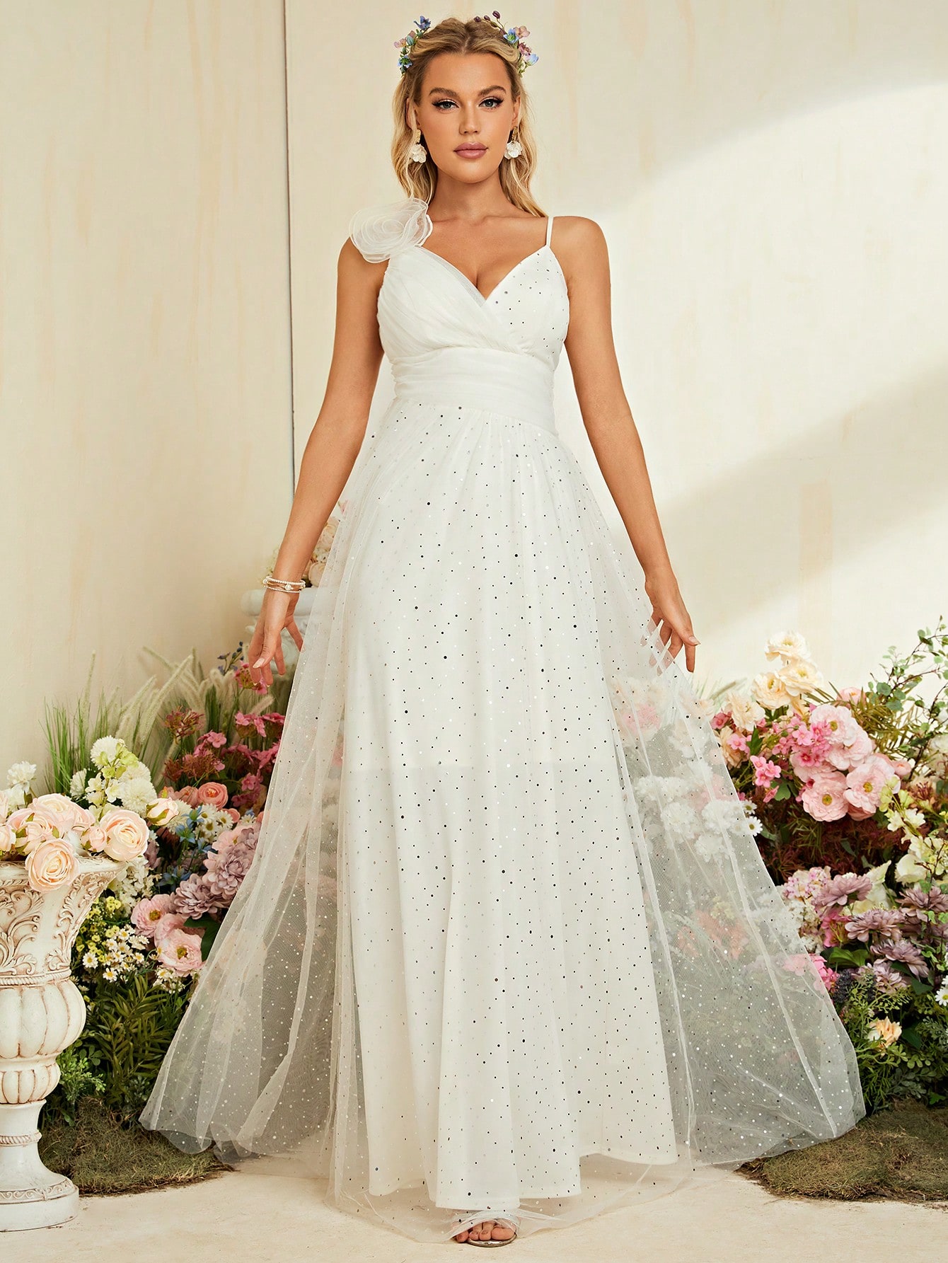 Leely White Spaghetti Strap Tulle A-Line Wedding Dress with Sparkle Dots
