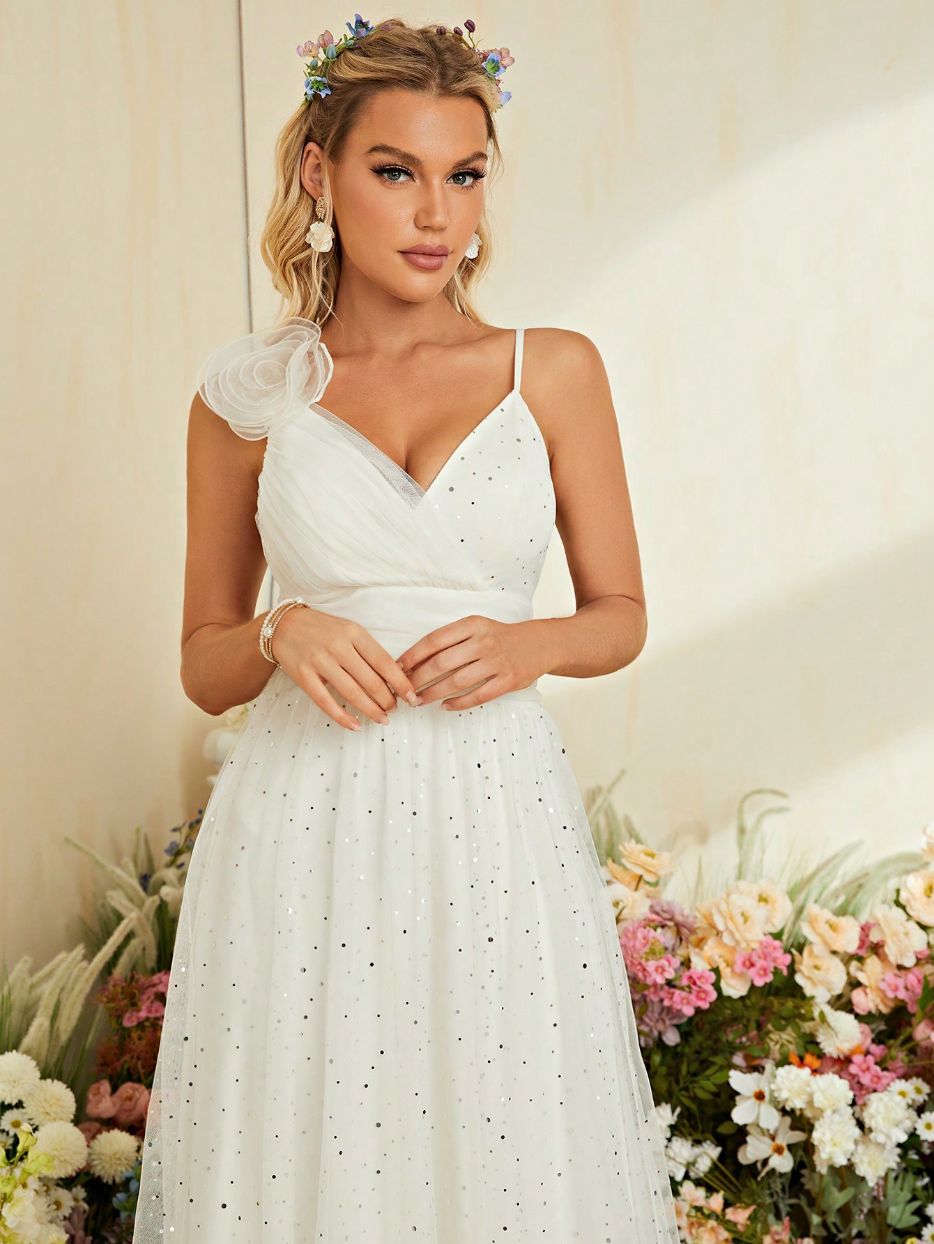 Leely White Spaghetti Strap Tulle A-Line Wedding Dress with Sparkle Dots