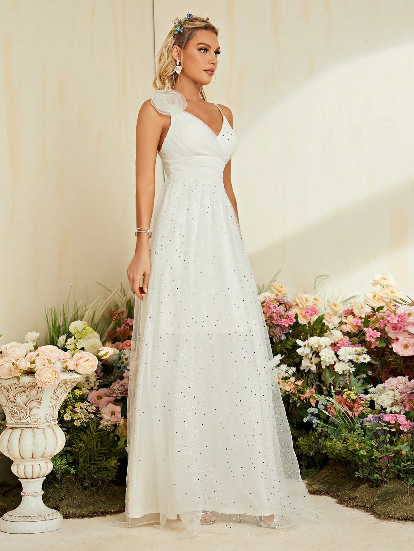 Leely White Spaghetti Strap Tulle A-Line Wedding Dress with Sparkle Dots