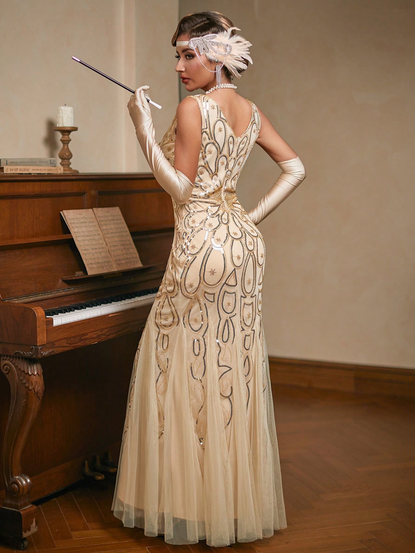 1920s Flapper Glitter Dresses V-neck Peacock Pattern Retro Dress, New Year's Eve Prom Dress with Bra Pads