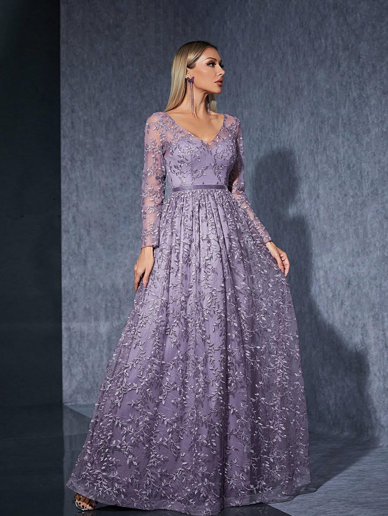 Leely Women's Elegant V Neck Long Sleeve Party Dress