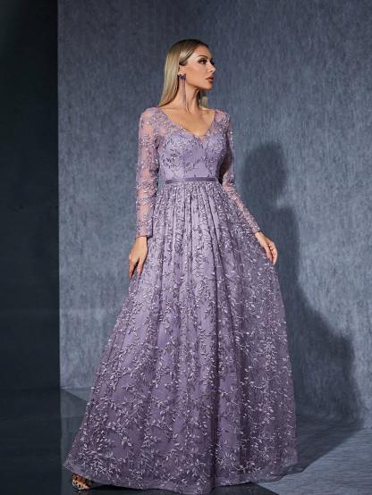 Leely Women's Elegant V Neck Long Sleeve Party Dress