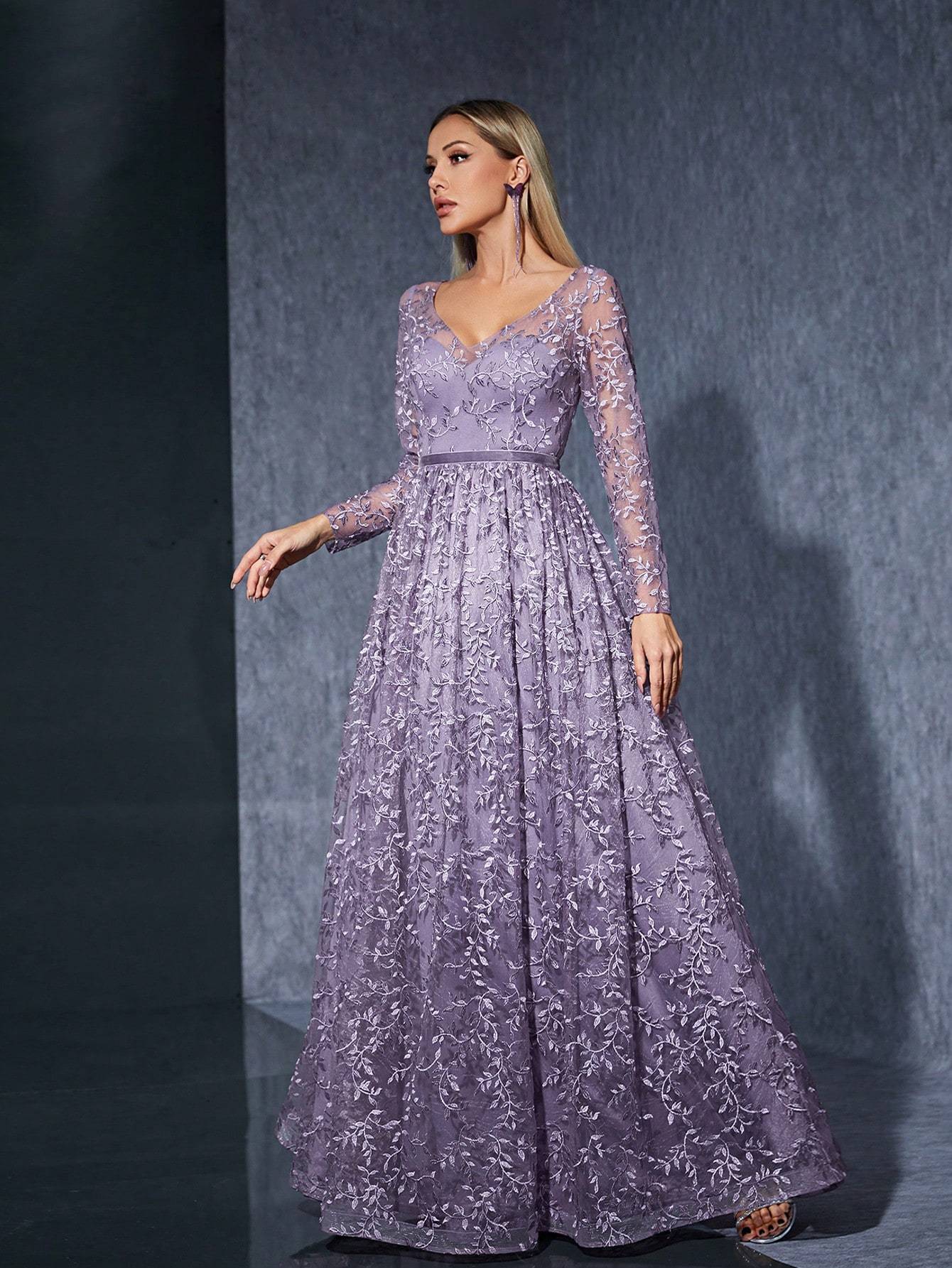Leely Women's Elegant V Neck Long Sleeve Party Dress