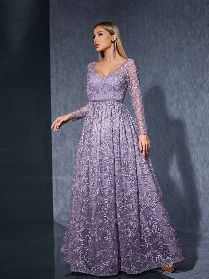 Leely Women's Elegant V Neck Long Sleeve Party Dress