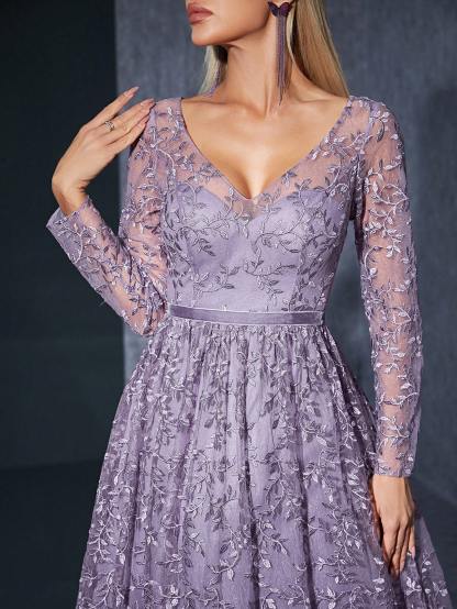 Leely Women's Elegant V Neck Long Sleeve Party Dress