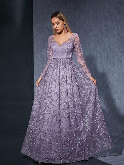 Leely Women's Elegant V Neck Long Sleeve Party Dress