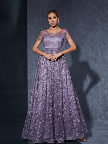 Leely Women's Elegant Round Neck Long Sleeve Party Dress
