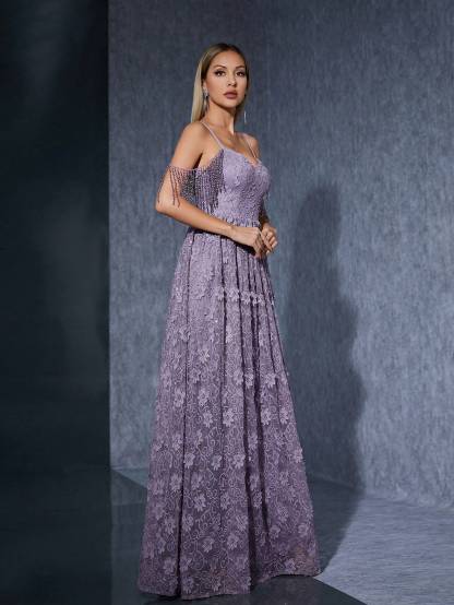 Leely Women's Elegant Spaghetti Straps Cold Shoulder Party Dress