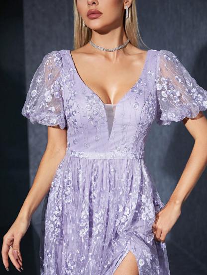 Leely Women's Elegant V Neck Flounce Sleeve Party Dress