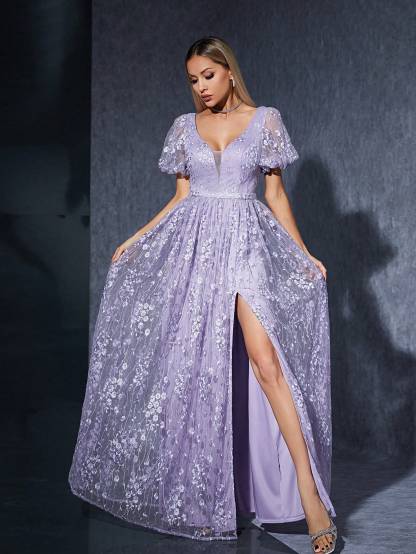 Leely Women's Elegant V Neck Flounce Sleeve Party Dress