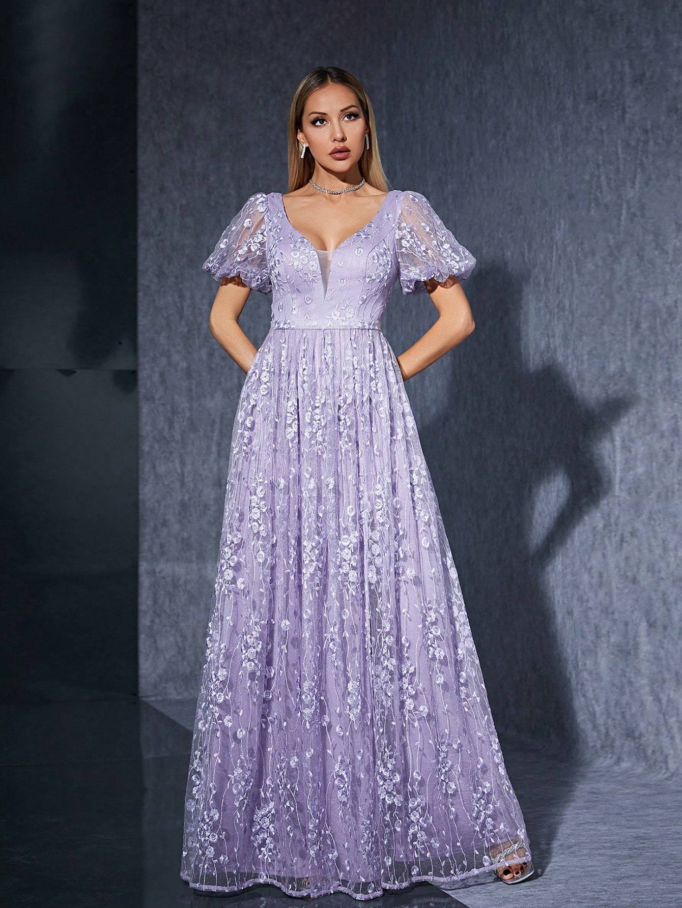Leely Women's Elegant V Neck Flounce Sleeve Party Dress