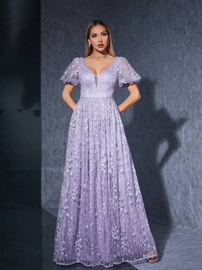 Leely Women's Elegant V Neck Flounce Sleeve Party Dress